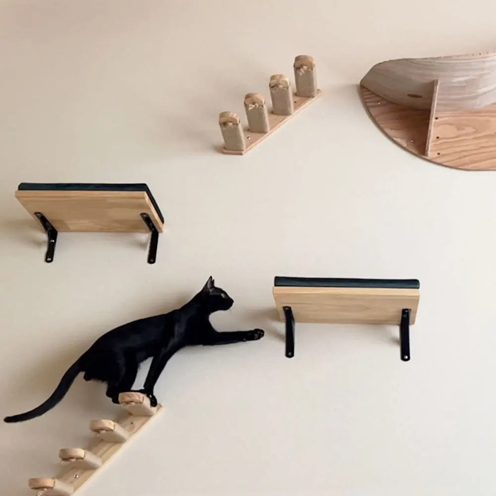 Wall Mounted Wooden Cat Climbing Shelf & Bridge | Safety Net Steps for Cats & Kittens