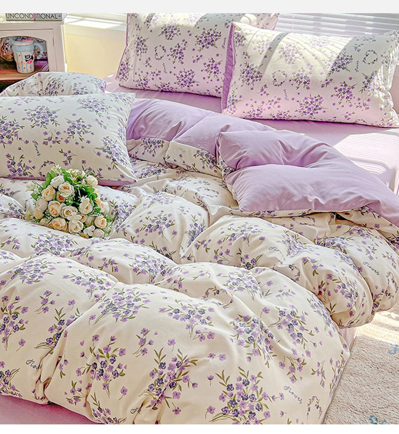 Washed Cotton Korean Floral Duvet Cover | Skin-Friendly Double Yarn Quilt Bedding