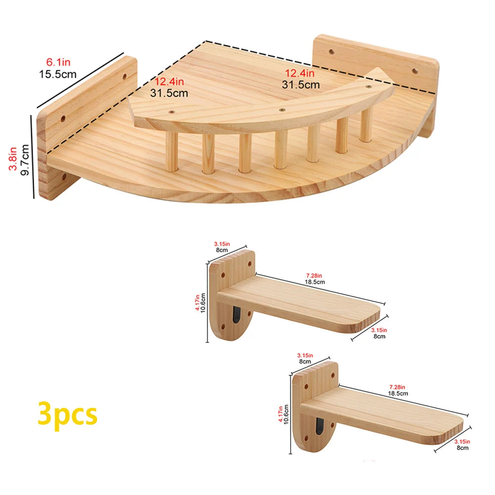 Wall Mounted Wooden Cat Climbing Shelf & Bridge | Safety Net Steps for Cats & Kittens