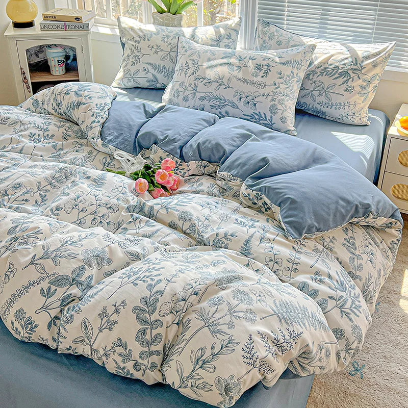 Washed Cotton Korean Floral Duvet Cover | Skin-Friendly Double Yarn Quilt Bedding