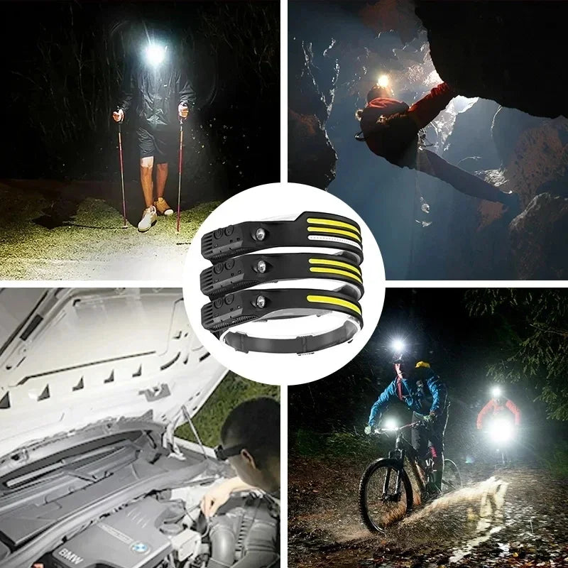 USB Rechargeable LED COB Headlamp | 5-Mode Waterproof Sensor Head Flashlight