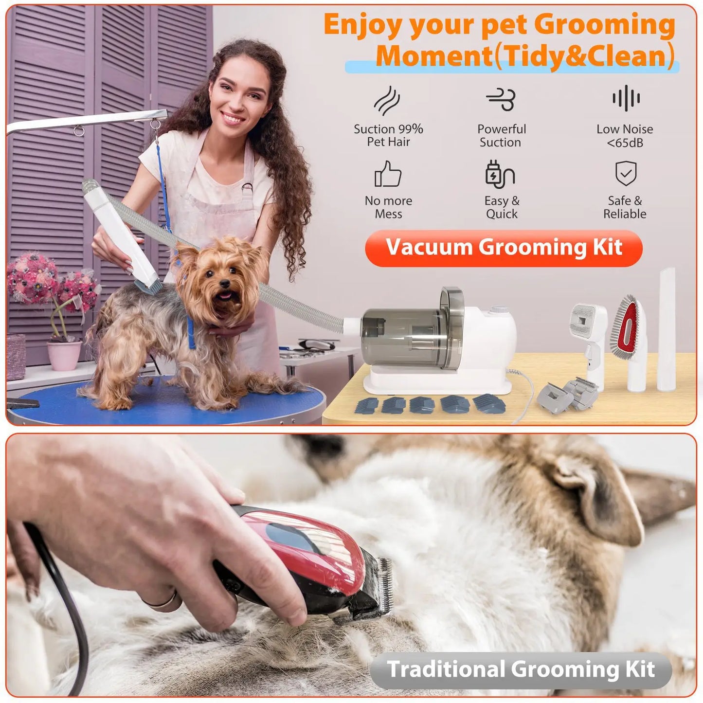 Pet Grooming Kit & Vacuum Clipper | 6-Size Guide Combs for Cats