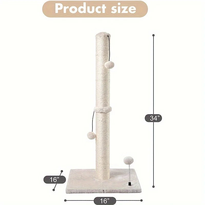 34-Inch Sisal Cat Scratching Post | Indoor Tree with Hanging Ball for Adult Cats