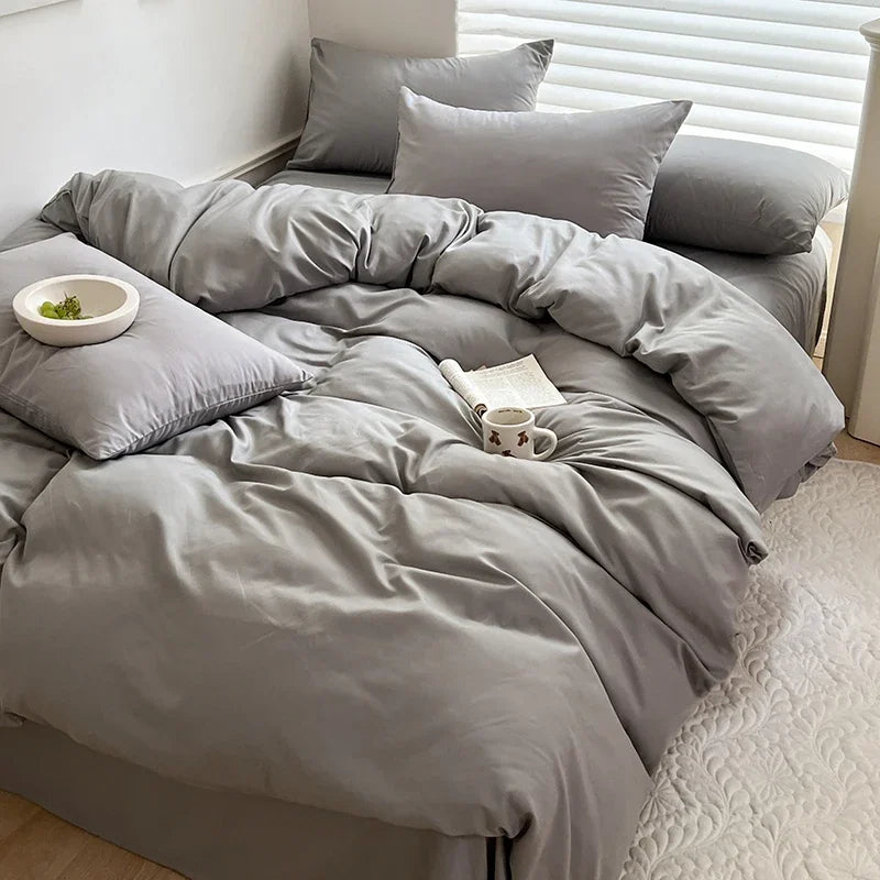 Solid Cotton Bed Linen Bedding Set | Duvet Cover, Sheet & Pillowcase King Queen Twin