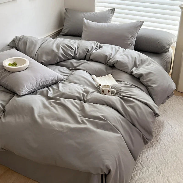 Solid Cotton Bed Linen Bedding Set | Duvet Cover, Sheet & Pillowcase King Queen Twin