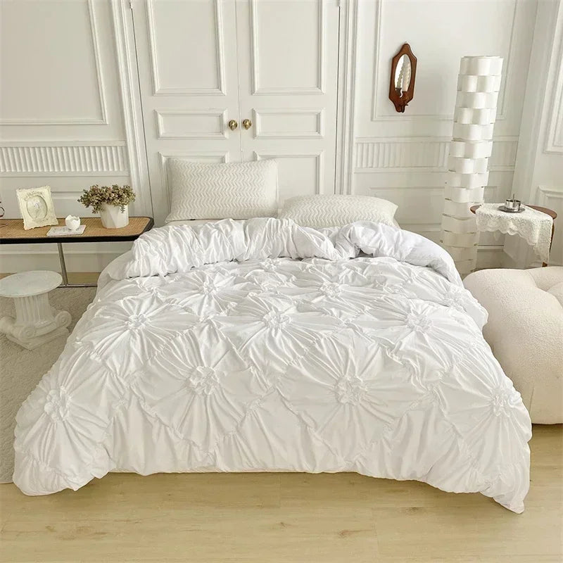 3D Twist Flower Pinch Pleated Bedding Set | Luxury Duvet Cover Queen & Double Size