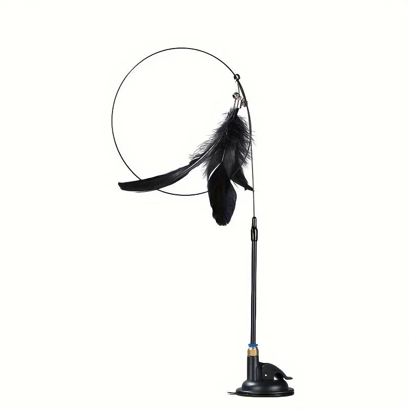 Interactive Cat Feather Wand Teaser | Bell & Suction Cup Pole Toy for Cats