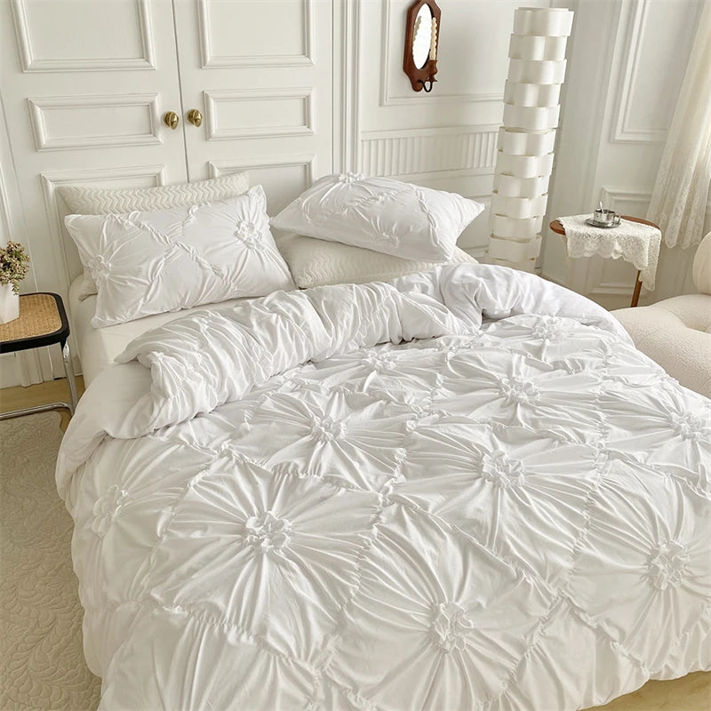 3D Twist Flower Pinch Pleated Bedding Set | Luxury Duvet Cover Queen & Double Size