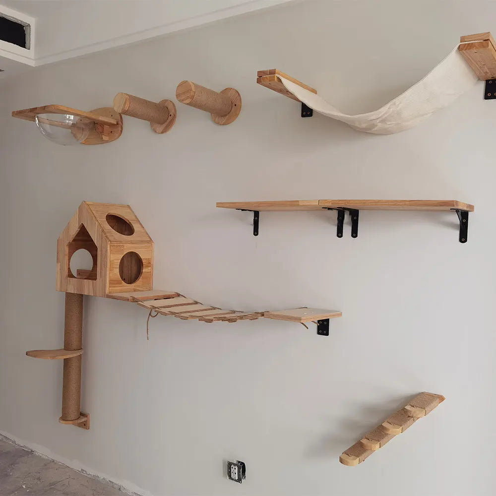 Wall Mounted Wooden Cat Climbing Shelf & Bridge | Safety Net Steps for Cats & Kittens