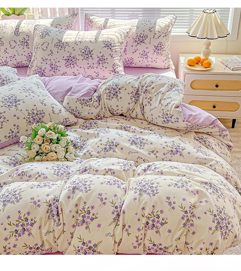 Washed Cotton Korean Floral Duvet Cover | Skin-Friendly Double Yarn Quilt Bedding