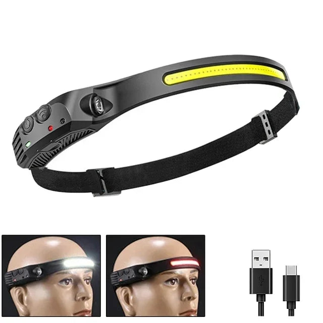 USB Rechargeable LED COB Headlamp | 5-Mode Waterproof Sensor Head Flashlight