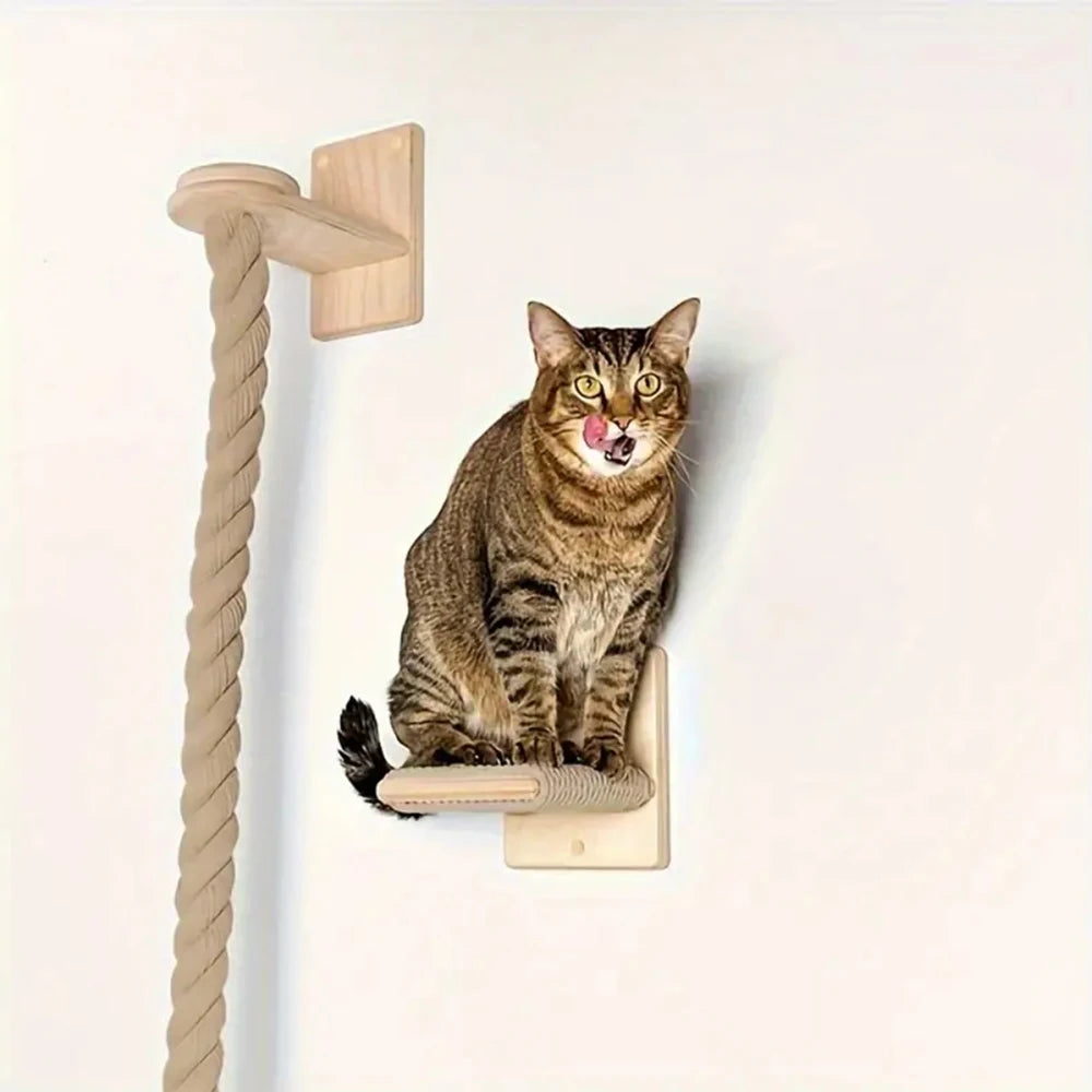 Wall Mounted Wooden Cat Tree Climbing Shelf | Sisal Rope Claw Grinding Indoor Furniture