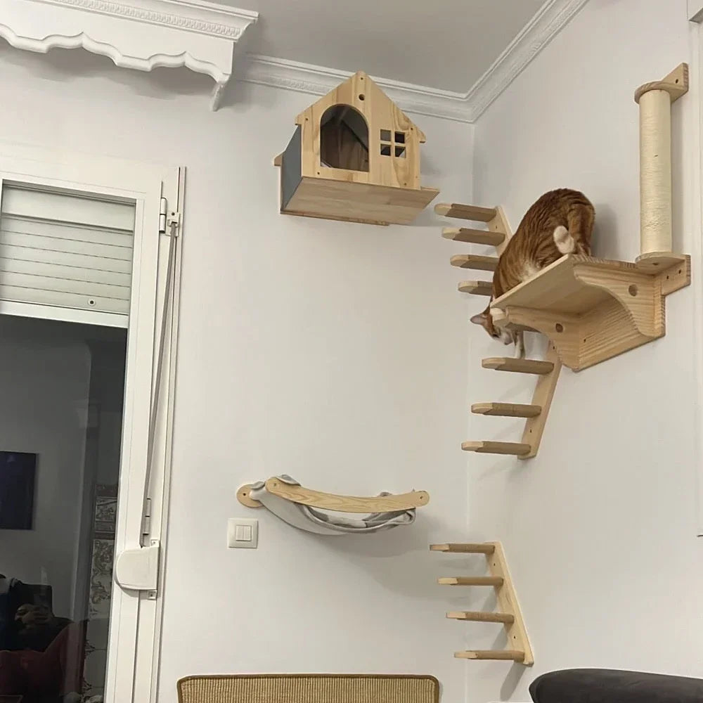 Wall Mounted Wooden Cat Climbing Shelf & Bridge | Safety Net Steps for Cats & Kittens
