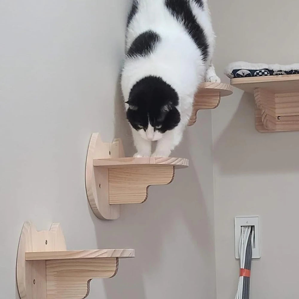 Wall Mounted Wooden Cat Climbing Shelf & Bridge | Safety Net Steps for Cats & Kittens