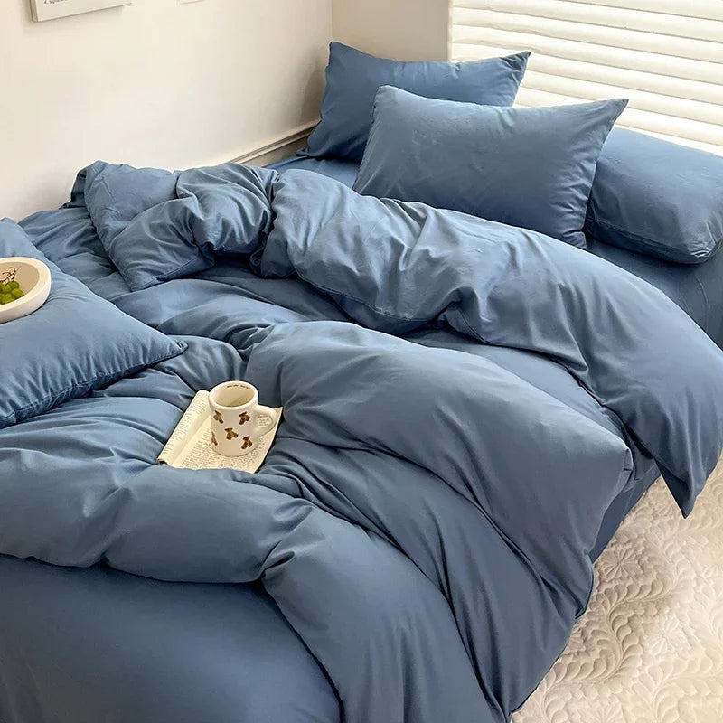 Solid Cotton Bed Linen Bedding Set | Duvet Cover, Sheet & Pillowcase King Queen Twin