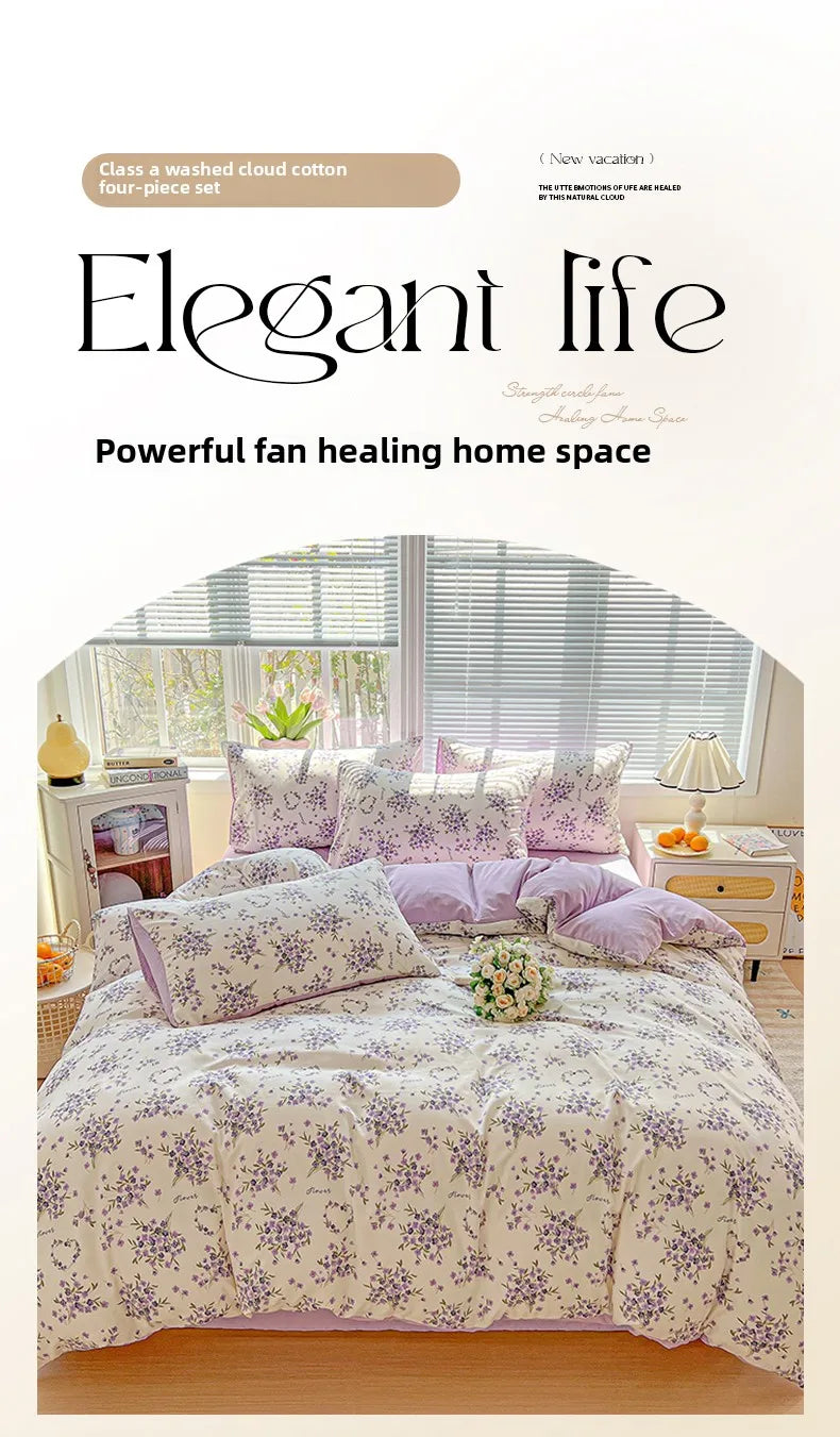 Washed Cotton Korean Floral Duvet Cover | Skin-Friendly Double Yarn Quilt Bedding