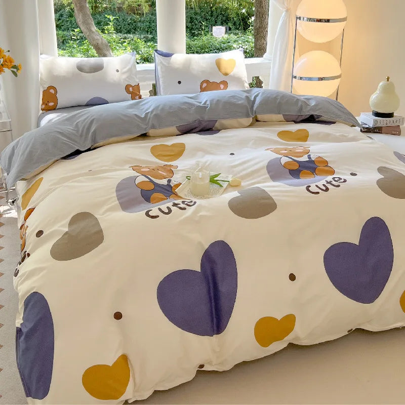 Kawaii Bear Floral Bedding Set | Duvet Cover, Pillowcase & Sheet Full Queen King