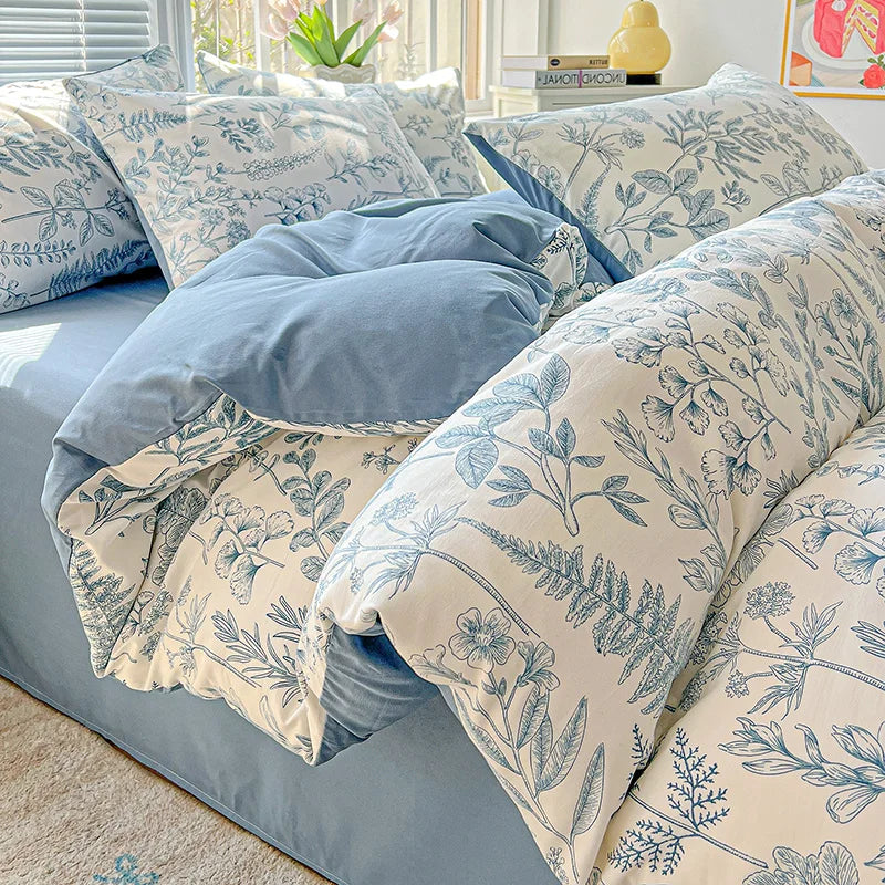 Washed Cotton Korean Floral Duvet Cover | Skin-Friendly Double Yarn Quilt Bedding