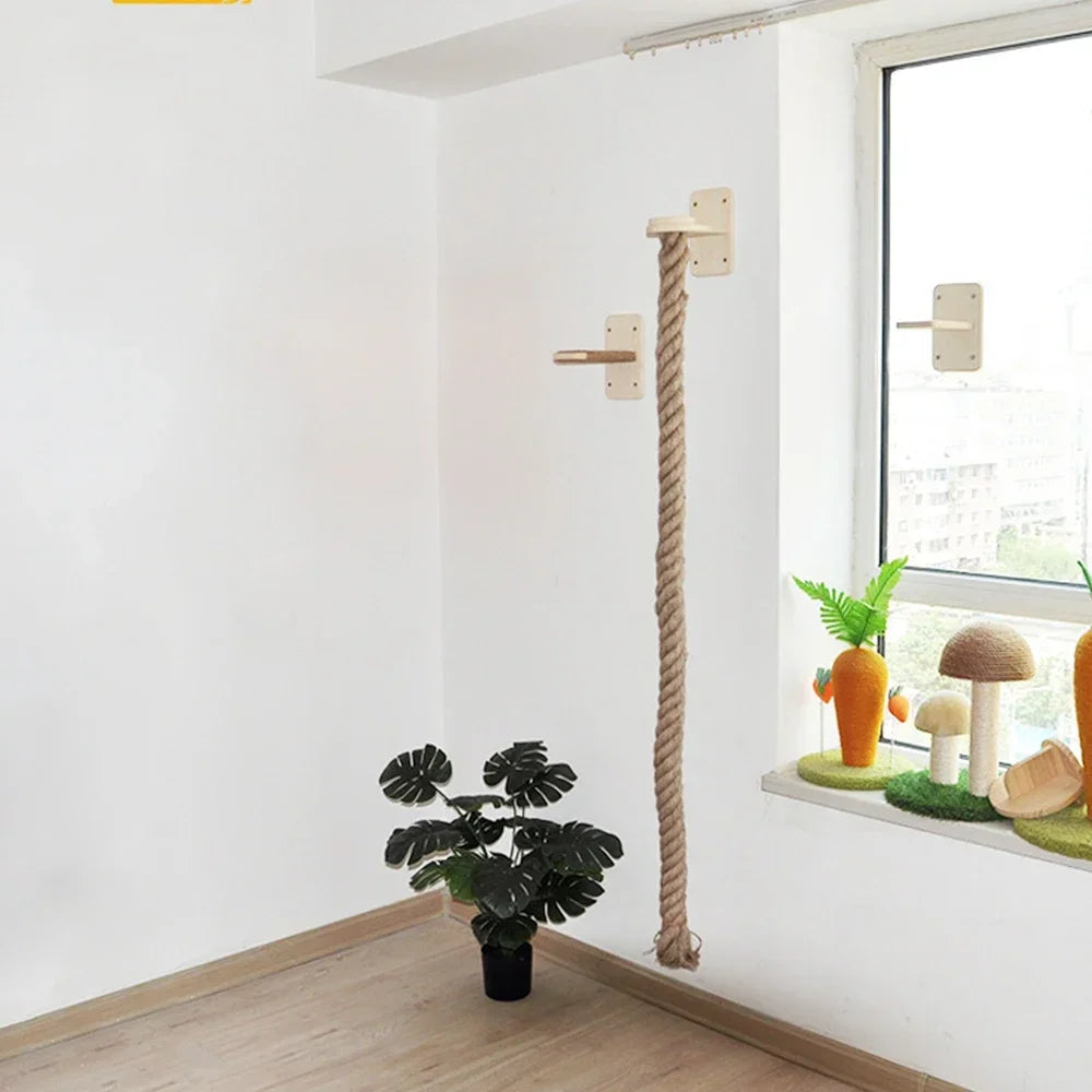 Wall Mounted Wooden Cat Tree Climbing Shelf | Sisal Rope Claw Grinding Indoor Furniture