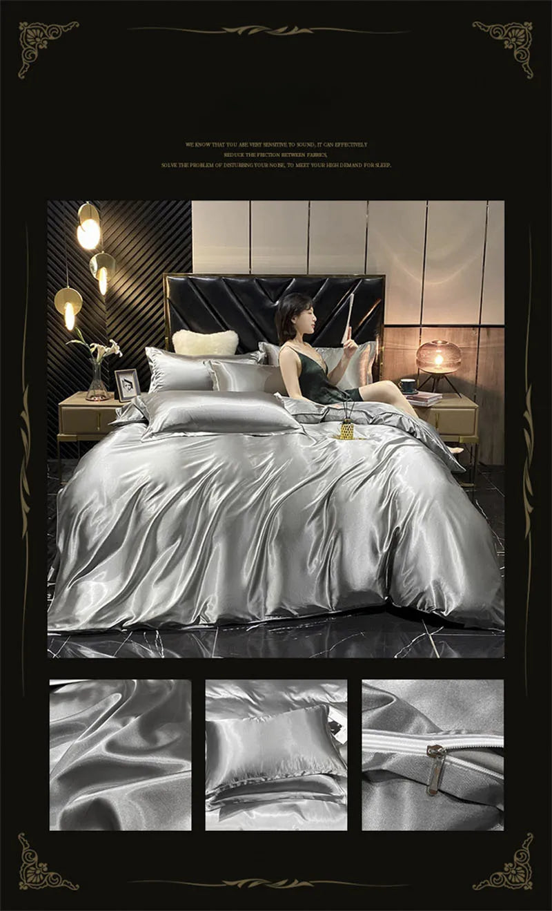 Natural Mulberry Silk Bedding Set | Luxury Satin Duvet Cover & Sheets King Queen