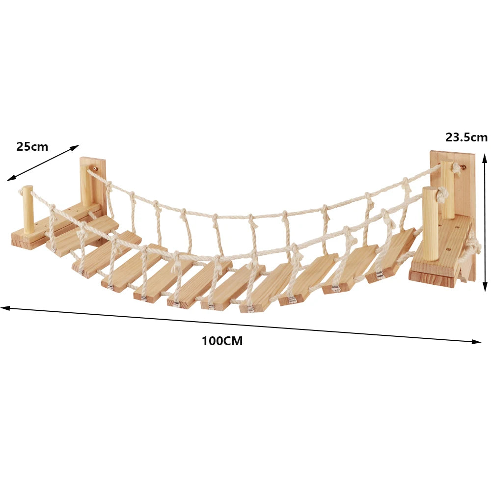 Wall Mounted Wooden Cat Climbing Shelf & Bridge | Safety Net Steps for Cats & Kittens