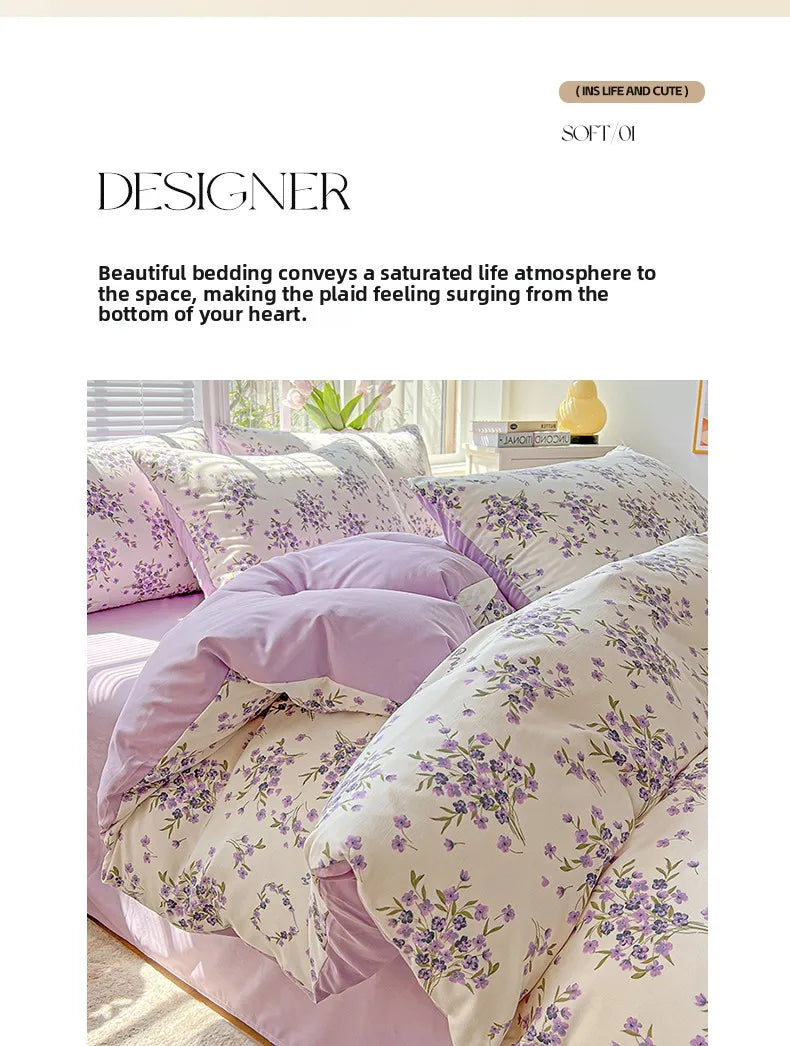 Washed Cotton Korean Floral Duvet Cover | Skin-Friendly Double Yarn Quilt Bedding