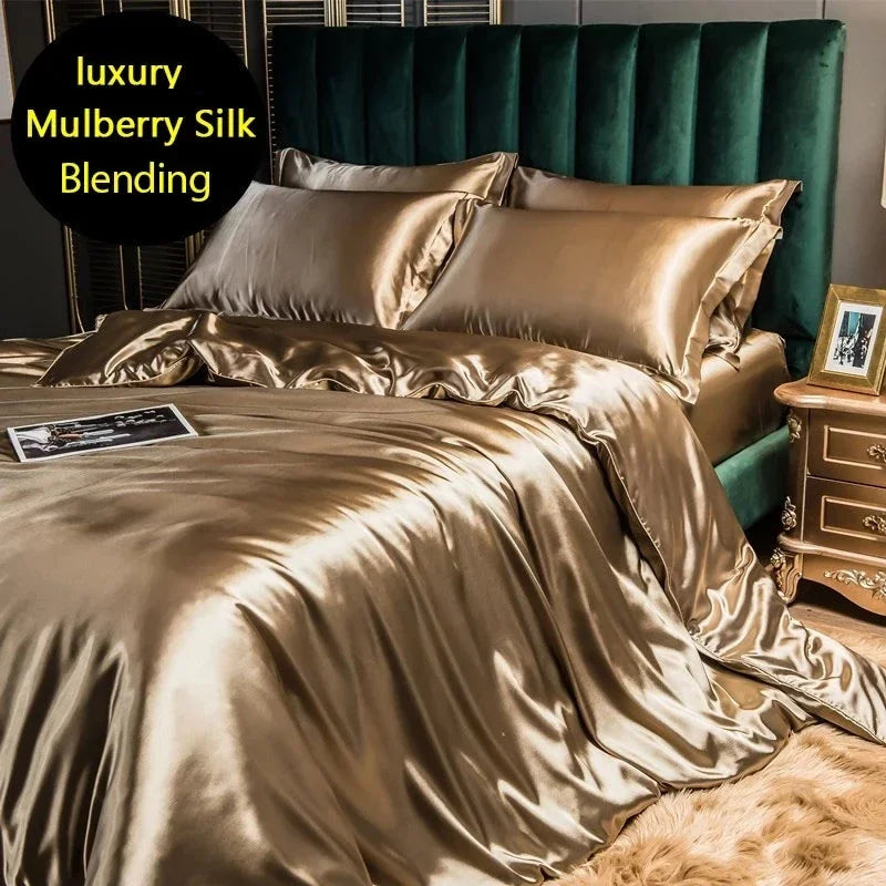 Natural Mulberry Silk Bedding Set | Luxury Satin Duvet Cover & Sheets King Queen
