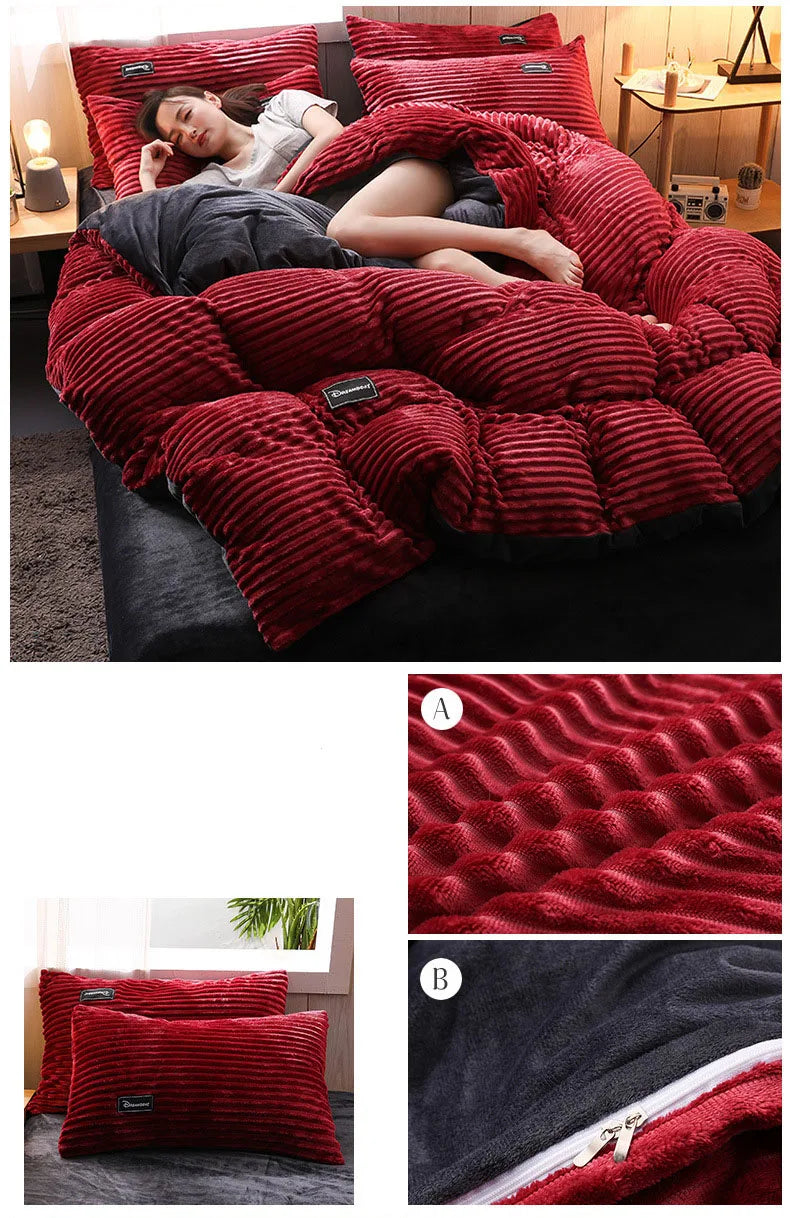 3PCS Winter Coral Fleece Bedding Set | Thick Duvet Cover & Pillowcase King Queen Twin