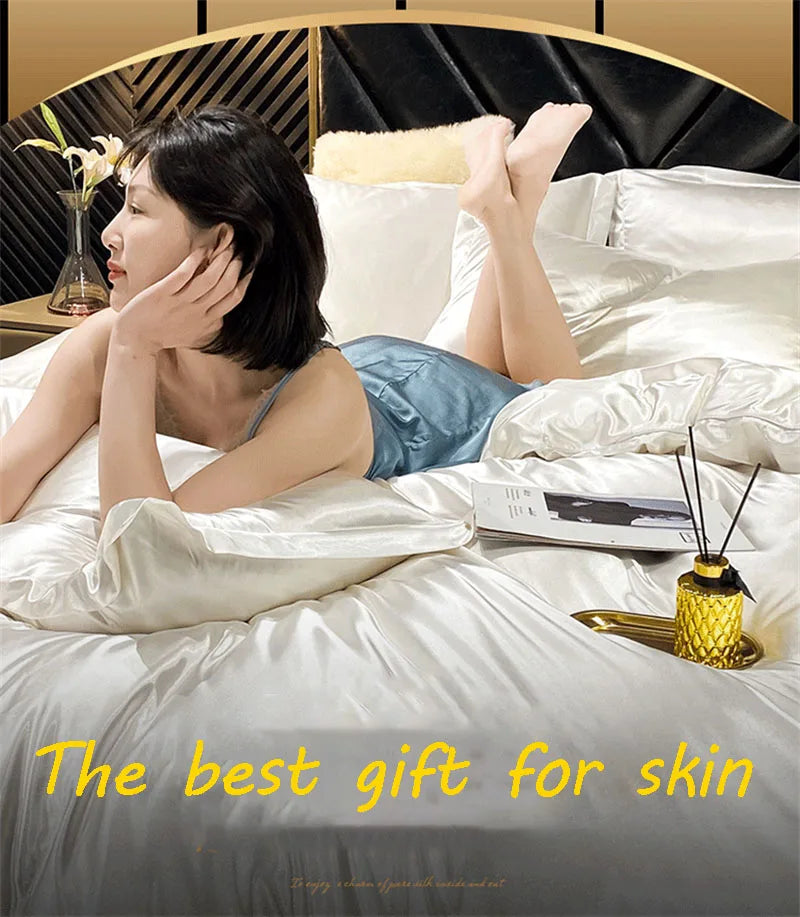 Natural Mulberry Silk Bedding Set | Luxury Satin Duvet Cover & Sheets King Queen